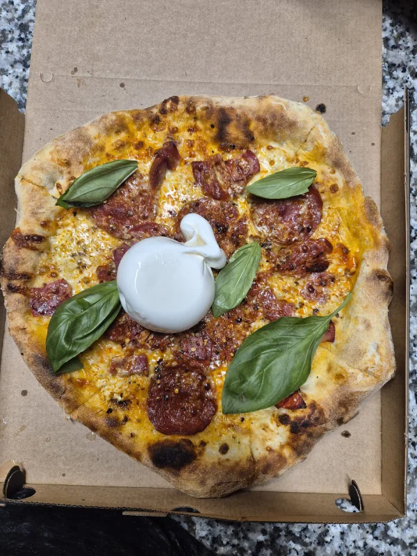 Gourmet pizza med mascarpone og salami